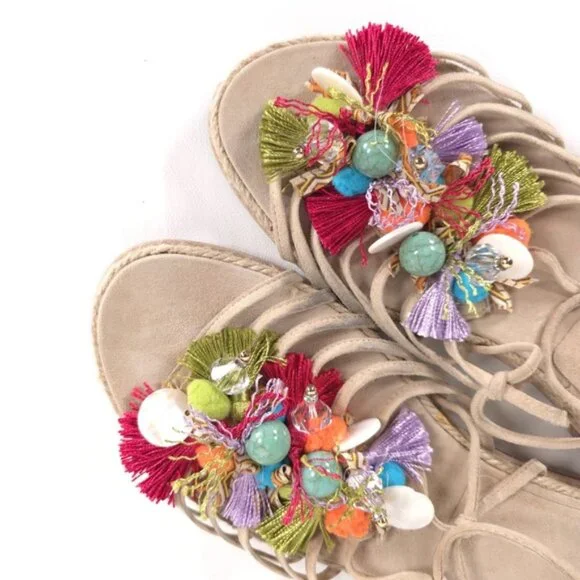 Stuart Weitzman Flats Noodles Beach Suede Embellished Lace Up Slide Size 9